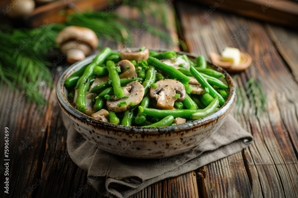 Bowl of Green Beans and Mushrooms with Butter on a Wooden Table Bowl of Green Beans and Mushrooms with Butter on a Wooden Table