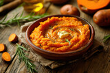 Bowl of Mashed Sweet Potatoes with Butter on a Wooden Table
