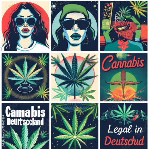 A pop art illustration featuring a woman in sunglasses with a cannabis theme and retro vibes