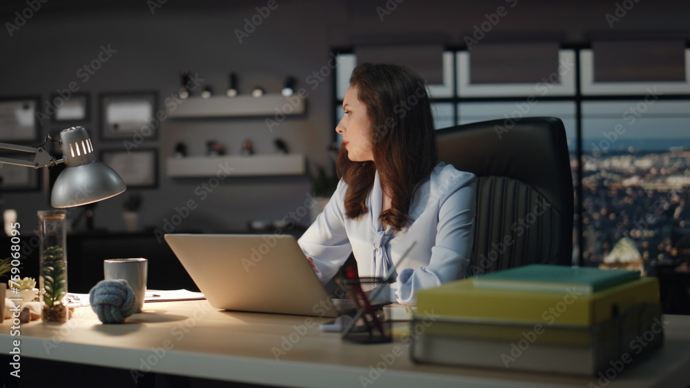 Angry manager hitting table feeling nervous at night cabinet. Lady dissatisfied Angry manager hitting table feeling nervous at night cabinet. Lady dissatisfied