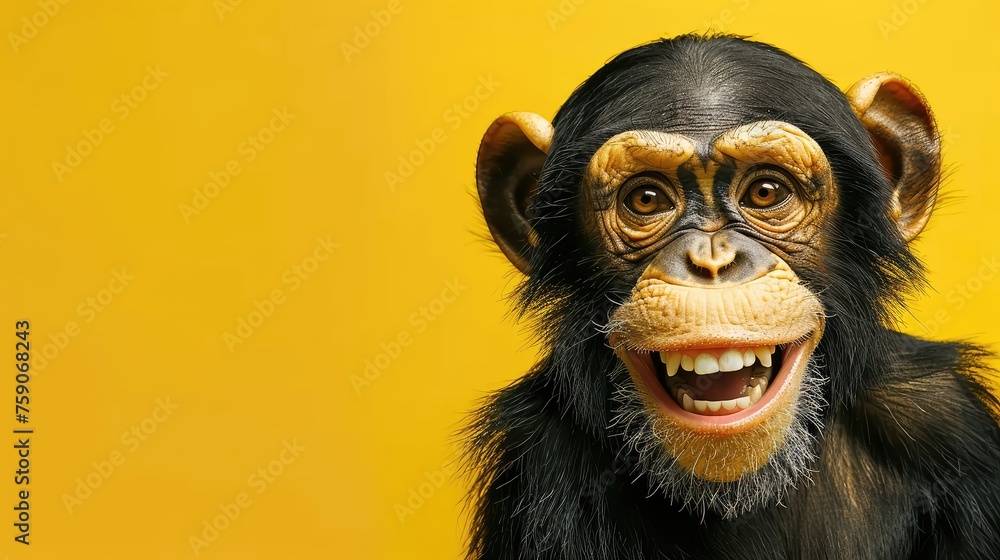 A cheerful 3D-rendered chimpanzee with a wide smile on a yellow background. A cheerful 3D-rendered chimpanzee with a wide smile on a yellow background.