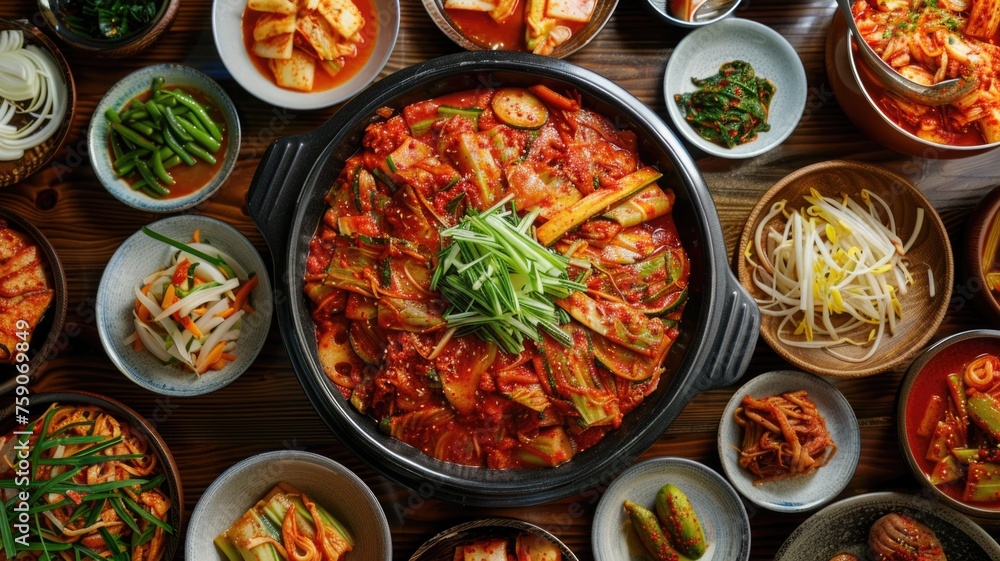 festive Korean dining table featuring a large, colorful bowl of kimchi as the centerpiece, surrounded by various traditional side dishes
