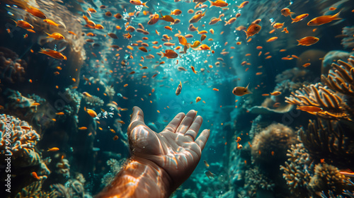Male hand reaching out under the sea with colorful fishes and coral reef