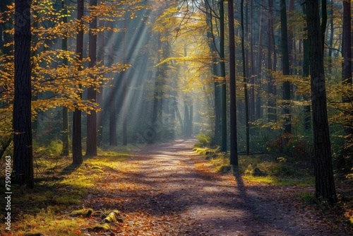 Sunlit forest trail background, Sunlight forest landscape © SaroStock