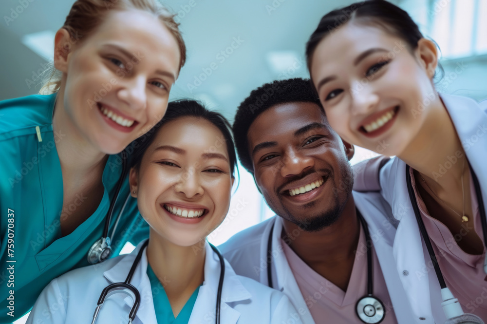 Smiling Multiracial Group of Medical Professionals During a Break in a Hospital Setting Smiling Multiracial Group of Medical Professionals During a Break in a Hospital Setting