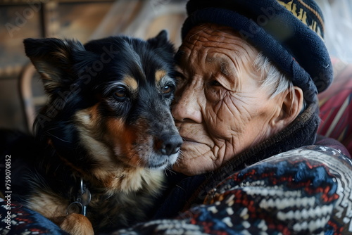 closeup of old man hug dog at home
