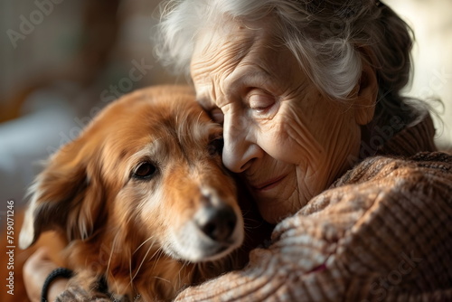 closeup of old woman hug dog at home © dobok