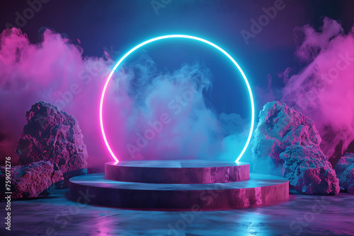 Background neon podium 3d . 3D Render neon shining banner mockup rings 3D 