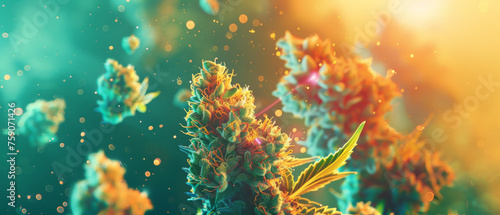 Dramatic image of cannabis buds emitting particles with a colorful lens flare, giving an artistic and active impression photo