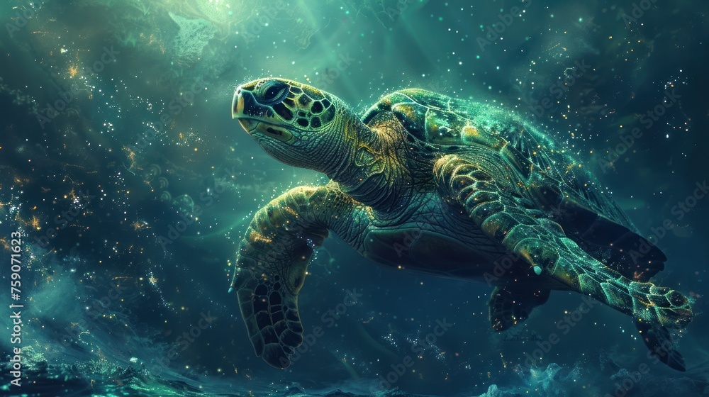 Galactic Sea Turtle Swimming in a Bioluminescent Ocean Under the Starry Sky