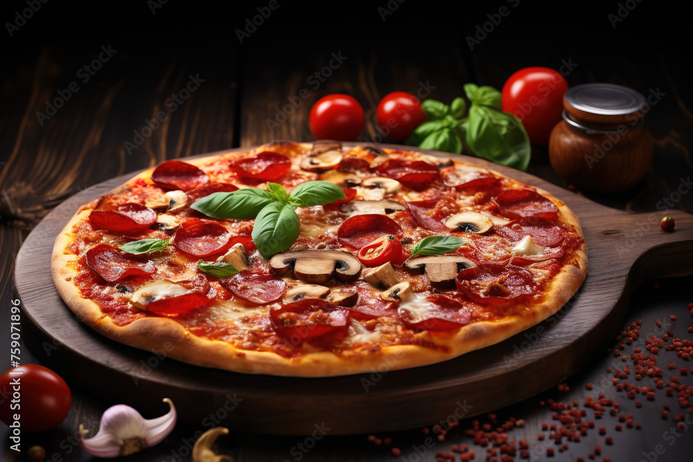 Tasty pepperoni pizza on wooden board over black dark background, text copy