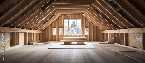 Indoor view of unfinished attic in a home under construction.