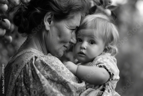 a middle-aged woman holding her first grandchild, looking at them with love