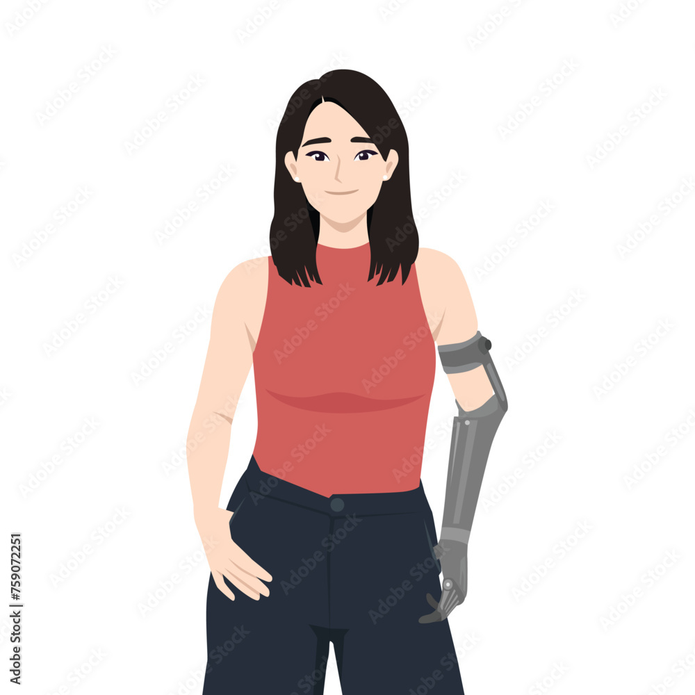 Young asian woman with hand prosthesis feeling optimistic and confident. Flat vector illustration isolated on white background Young asian woman with hand prosthesis feeling optimistic and confident. Flat vector illustration isolated on white background