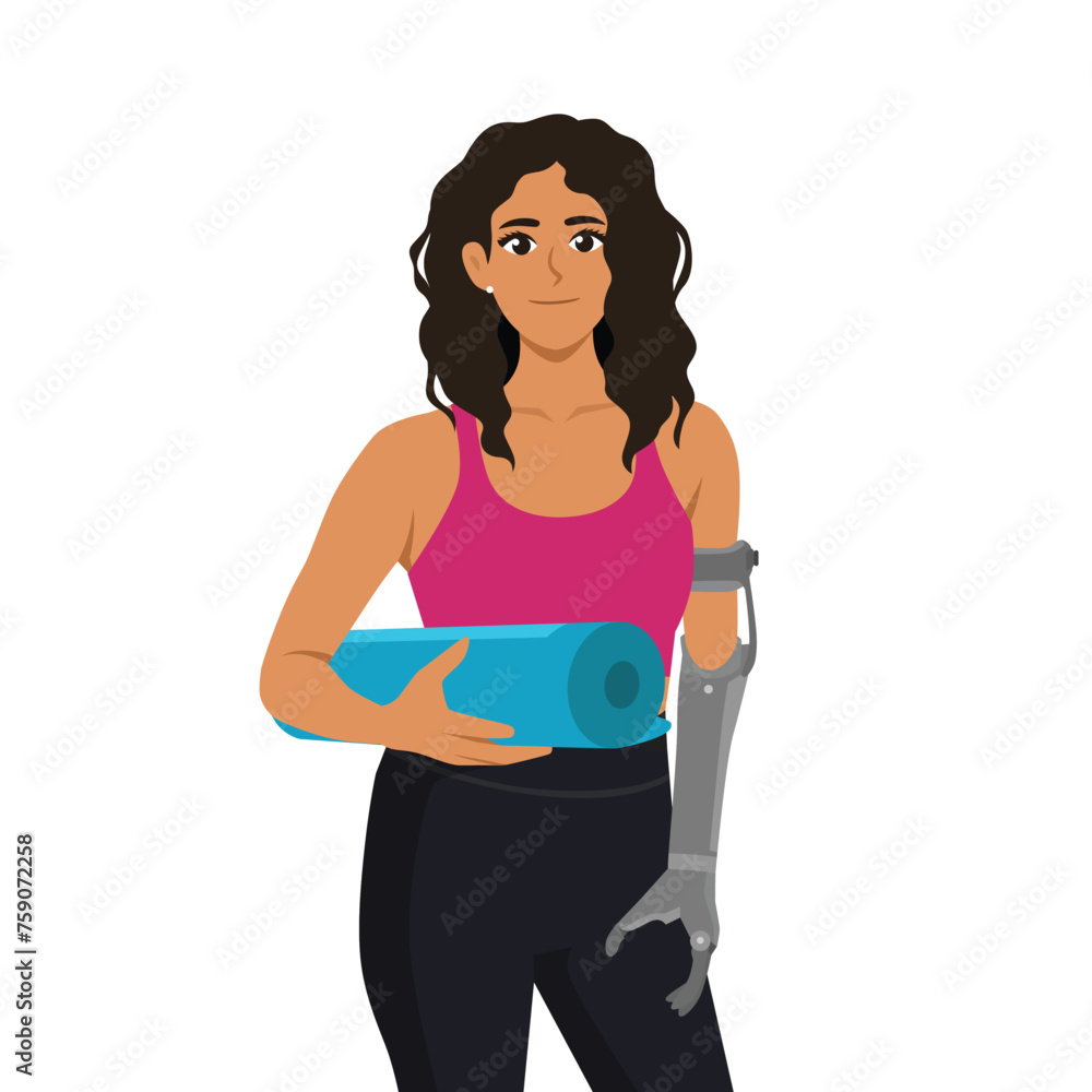 Beautiful woman with prosthetic arm holding yoga mat ready to workout. Flat vector illustration isolated on white background Beautiful woman with prosthetic arm holding yoga mat ready to workout. Flat vector illustration isolated on white background