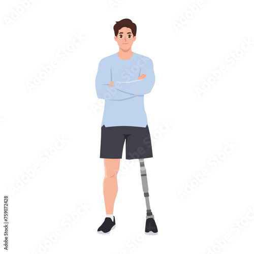 Disabled young man with a prosthetic leg crossed arms. Flat vector illustration isolated on white background