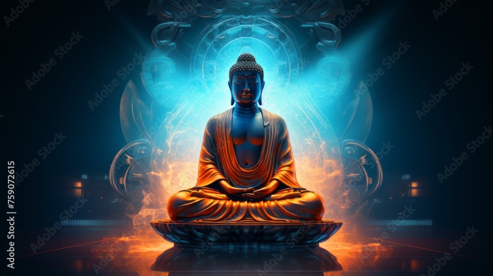 Buddha in a neon glow, copyspace
