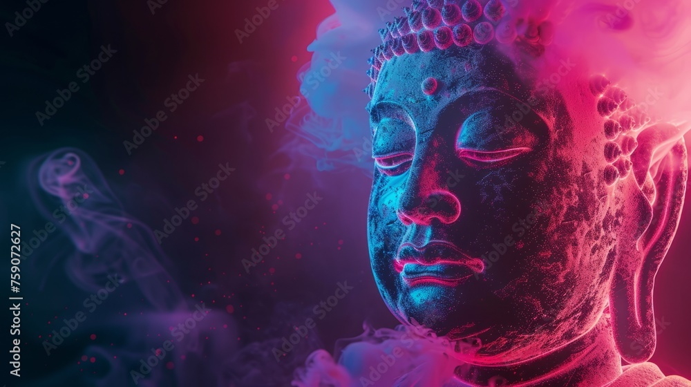Buddha in a neon glow, copyspace 