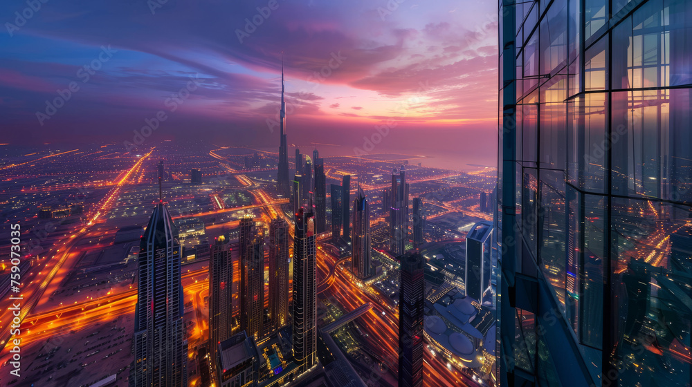 A breathtaking view of Dubai's skyline illuminated by the sunset and city lights emanating energy and modernity - obrazy, fototapety, plakaty 