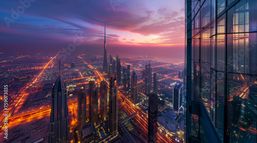 A breathtaking view of Dubai's skyline illuminated by the sunset and city lights emanating energy and modernity photo