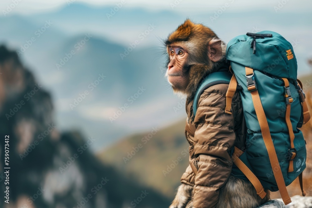 a monkey wearing a vest and a backpack, hiking a mountain and enjoying the view