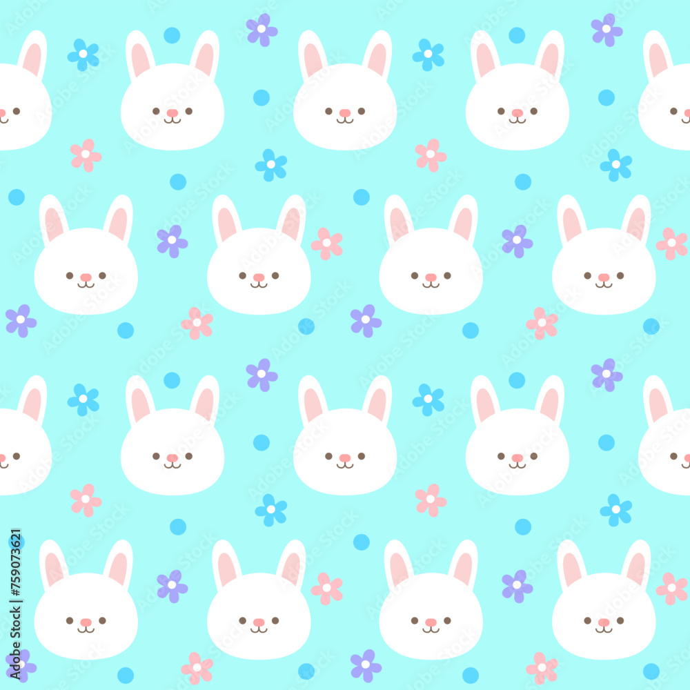 seamless kids pattern cute hand drawn bunny face in the garden light blue background vector illustration