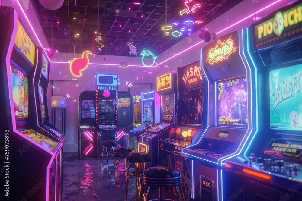 a neon arcade, with games and prizes a neon arcade, with games and prizes