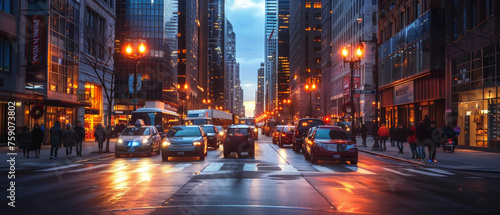 Sunset illuminates a bustling city street, casting a warm glow on the buildings and vehicles, highlighting urban life.