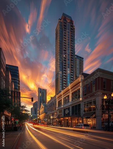 Sunset illuminates a bustling city street, casting a warm glow on the buildings and vehicles, highlighting urban life.