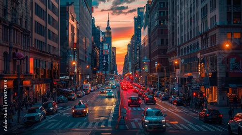 Sunset illuminates a bustling city street, casting a warm glow on the buildings and vehicles, highlighting urban life.