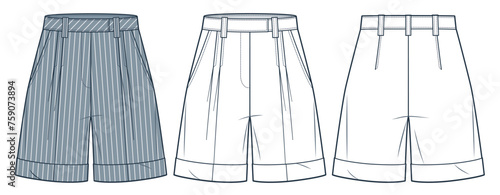 Cuff Shorts technical fashion illustration. Classic Short Pants fashion flat technical drawing template, high waist, pockets, front and back view, white, grey, women, men, unisex CAD mockup set.