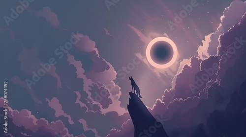 an AI illustration of a wolf observing a solar eclipse amid clouds, employing a minimalist flat style and a triadic sapphire palette in a tilted panorama , Attractive look