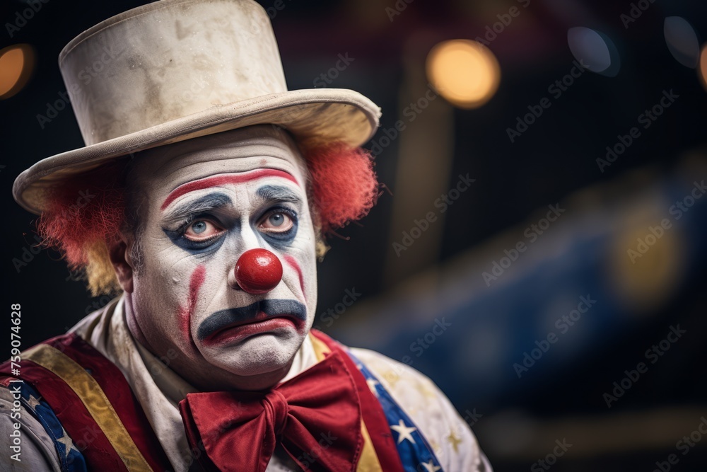 Fototapeta premium Sad clown exhausted circus jester joker emotions unhappy depressed performer. Carnival man sadness depression melancholic face expression make-up worried person costume dressed actor backstage circus