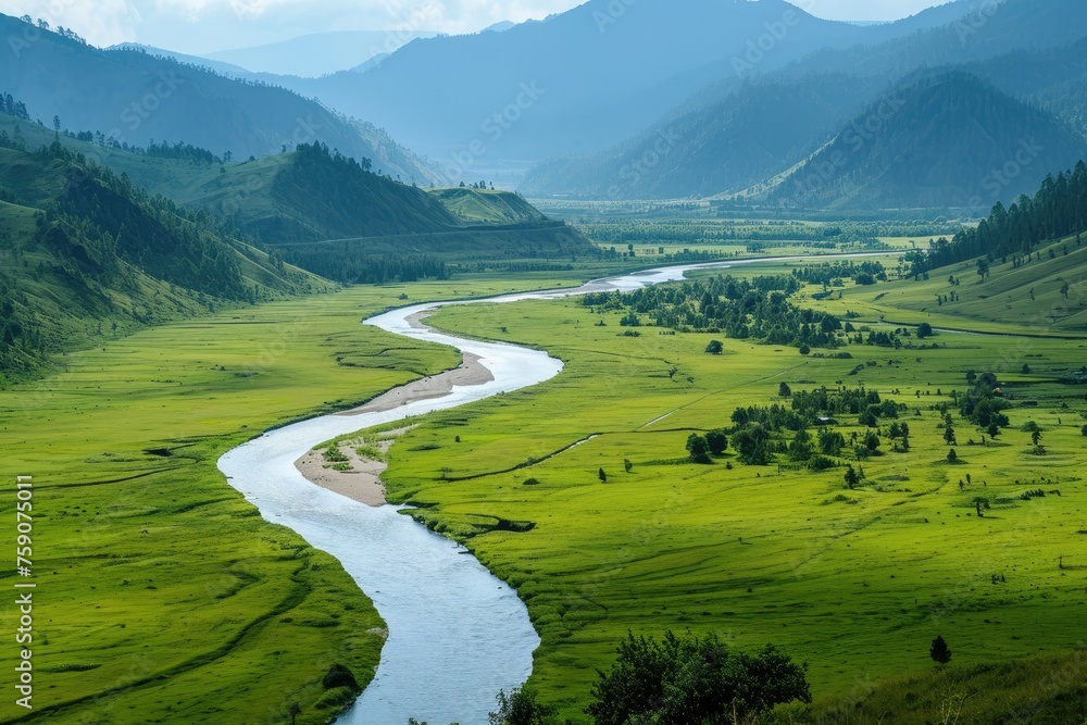 Peaceful River Winding Through A Green Valley