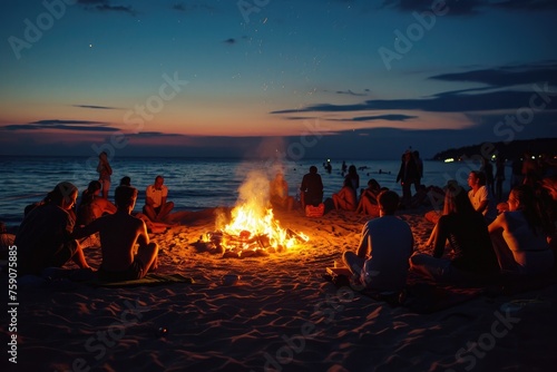 Beachside bonfire party with friends at evening