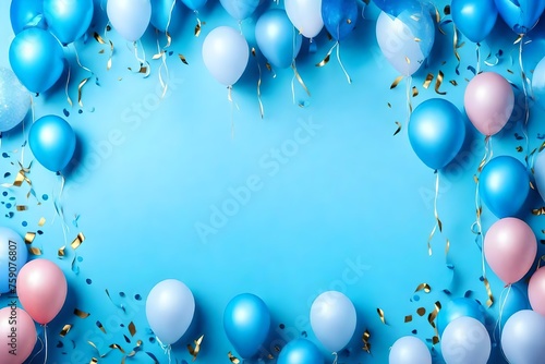 festive banner with balloons on blue blank background party decoration with copy space area panoramic holiday background
