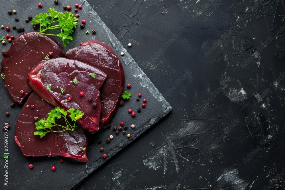 Raw Beef Liver Garnished with Fresh Herbs on Slate Background