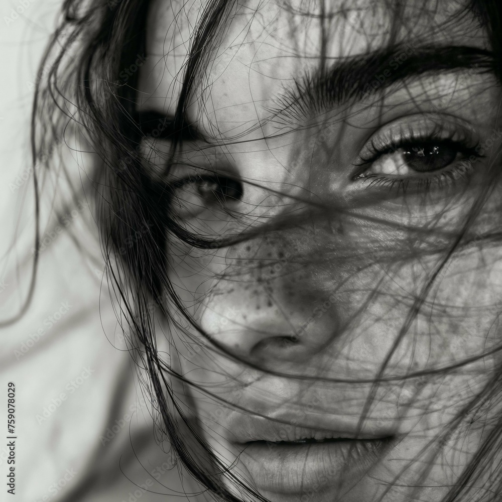Obraz premium Black and white portrait of a woman, closeup, short plane