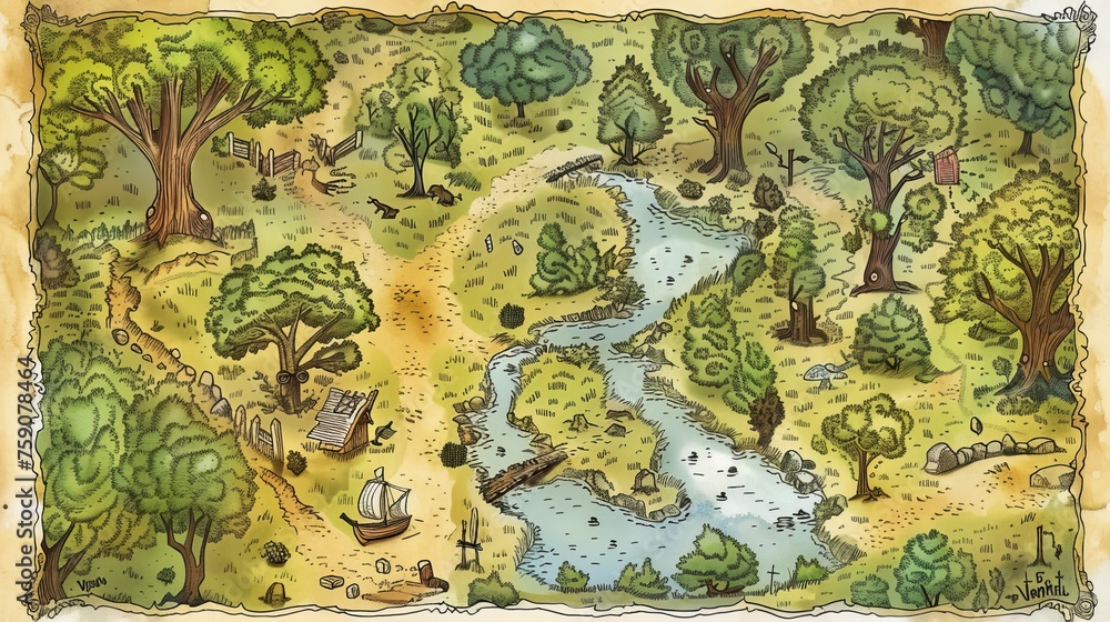 Hand-drawn map of a springtime treasure hunt