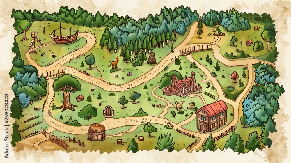 Hand-drawn map of a springtime treasure hunt Hand-drawn map of a springtime treasure hunt