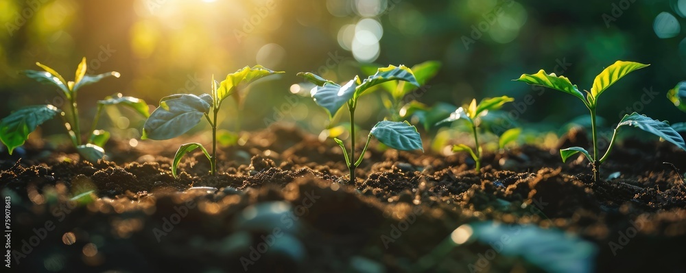 The growing little tiny green plants on the soil and dirt that has been received the source of the food from the bright light of the morning sun at the daytime in the summer or spring of year. AIGX03. - obrazy, fototapety, plakaty 