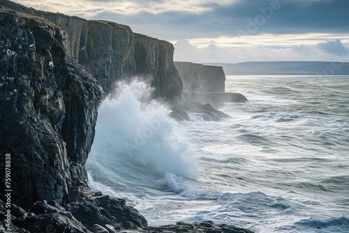 Coastal cliffs kissed by crashing waves