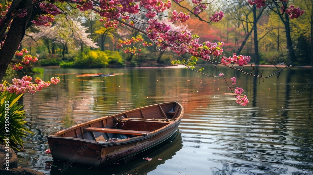 Rowboat in a pond surrounded by blooming trees