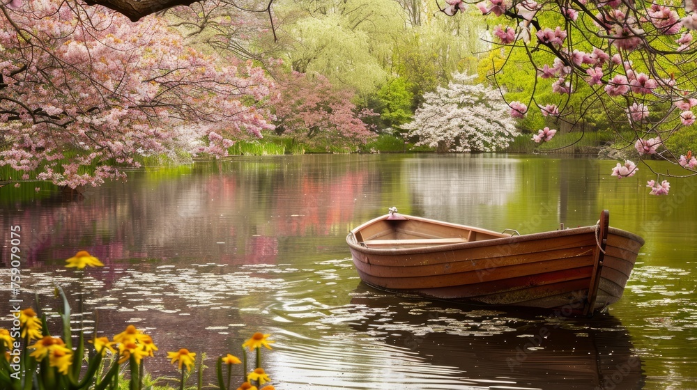 Rowboat in a pond surrounded by blooming trees