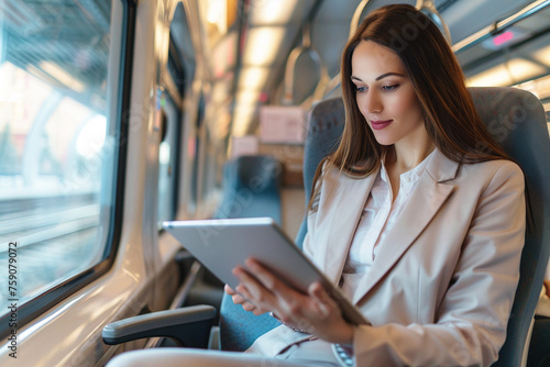 Photo of businesswoman traveling on train and reading important documents. Woman in a business suit
