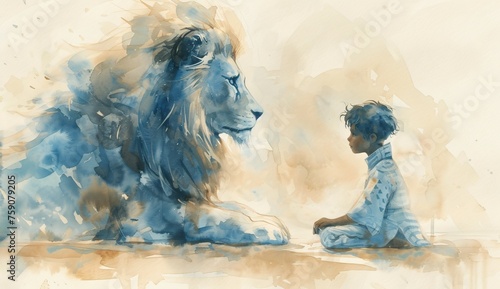 a watercolor of a boy sitting next to a lion