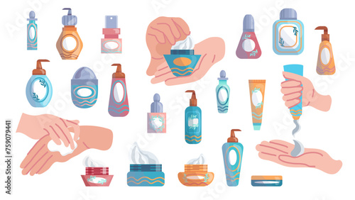 illustration of set of different hand creams and a hand applying lotion to the other hand, squeezing the cream out of the tube, and holding the jar, skin care, wearing sunscreen, moisturizing the skin