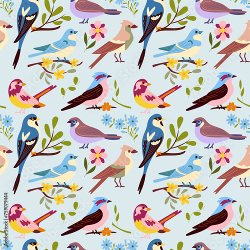 Seamless patterns with cute birds perched on branches and spring flowers, a flat retro-style background. For the design of gift packaging for spring holidays, elegant wallpapers and interior decor.