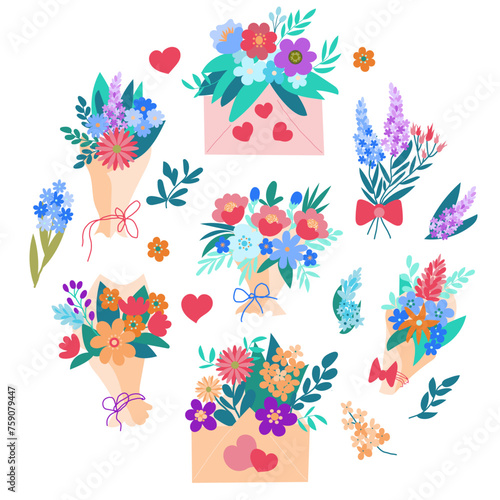 Set of cute hand-drawn bouquets of flowers and flowers in envelopes, greeting card and design elements for spring holidays, illustrations in a flat Spring postcard. Around composition.