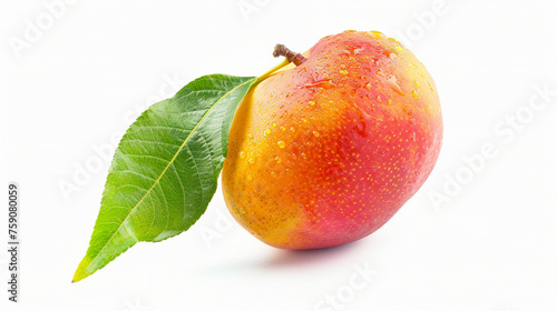 Ripe velvet peach fruit in a peel with green leaf, fresh whole harvest agricultural fruit with a green leaves isolated on a white background